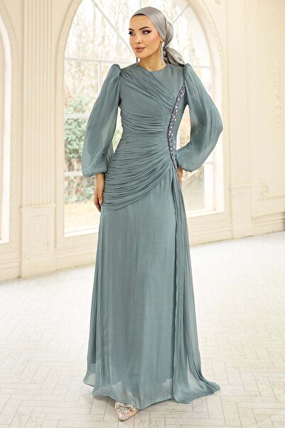 Olcay İnci ve Pilise Detaylı Yoryo İpek Tesettür Abiye Elbise SU YEŞİLİ 1249