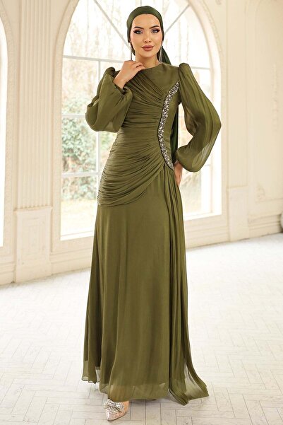 Olcay Rochie de seară Yoryo İ mătase cu detalii din perle și pliuri, VERDE 1249