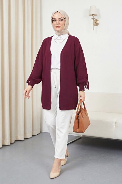 Modamorfo كارديجان تريكو فضفاض بأكمام مضفرة - لون بورجوندي