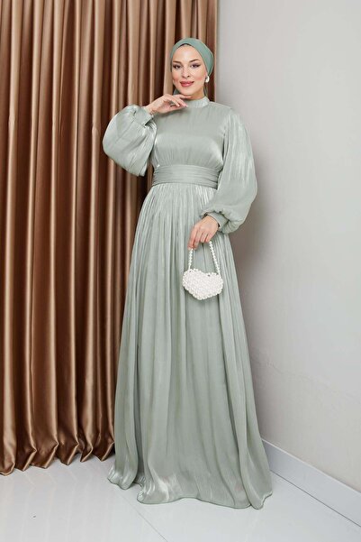 Olcay فستان سهرة حجاب من الحرير باللون الأخضر الفاتح - مع تفاصيل وشاح ورباط، ...