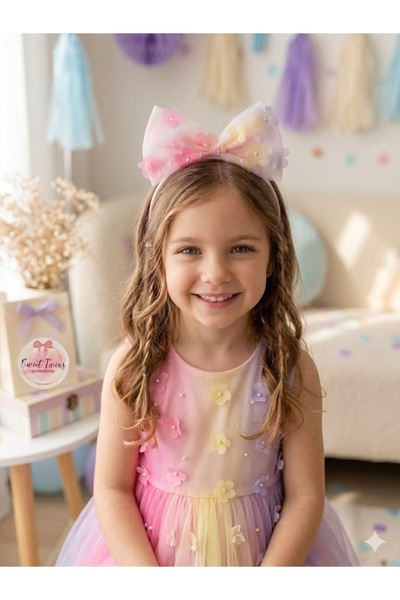 Sweet twins accessories Pembe Sarı Çiçekli Kız Çocuk Taç - Tüllü Fiyonklu Hed...