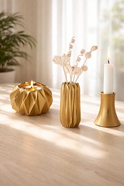 Yaratıcı sanatlar atölyesi Doğal Taş Döküm 3'lü Mumluk Vazo Şamdan Seti