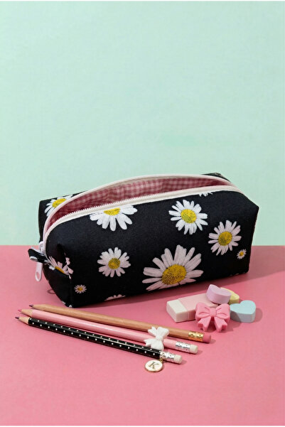 AXUM Black Daisy cu model Albă Penar cu fermoar Suport pentru pix Roz model c...