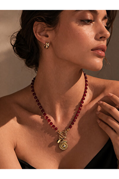 Solare Accessories Bordo Kristal Taşlı Altın Kaplama Salyangoz Figürlü Kolye
