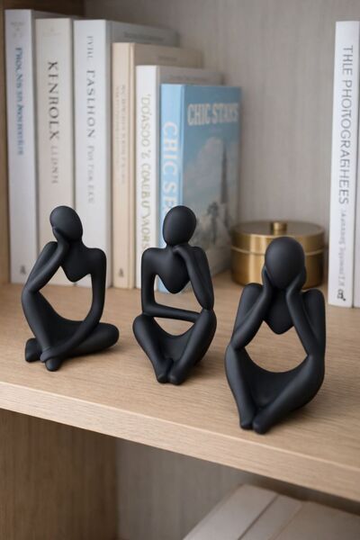 Modern Minimalist Siyah Meditasyon Figürü | 3'lü Dekoratif Heykel Seti | Düşünen İnsanlar