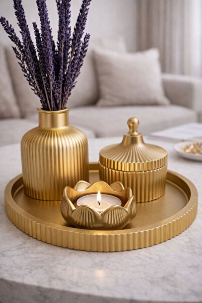 Lydia Accessory Altın Renk El Yapımı Beton Dekoratif Tepsi Seti – 4 Parça Lot...