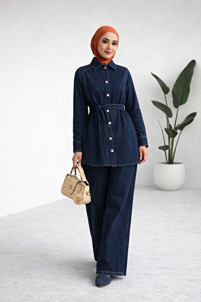 MY LİKA Džínový oblek Oversize bunda a kalhoty s páskem v pase