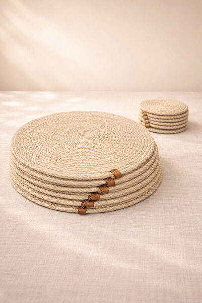 Naspar طقم عشاء من 12 قطعة من قش الجوت - 32 سم، مع قواعد أكواب وحامل قهوة