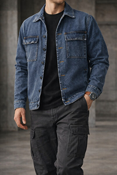 Souris Jachetă de blugi bleumarin pentru bărbați, cu buzunare duble și husă d...