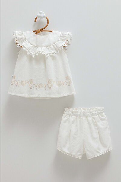 Caramell طقم MINI LADY FLOWER DETAIL K كتان ALT TOP و سروال بلون إكرو