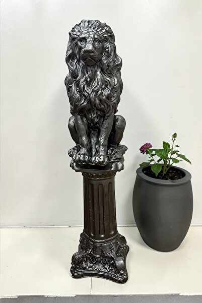 libre design Dekoratif 53 cm Metalik Antrasit Aslan ve Sütun Set Ev Balkon Ba...