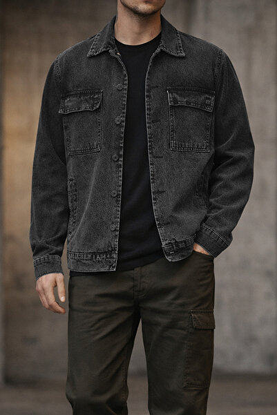 Souris Ανδρικό μαύρο τζιν μπουφάν με διπλές τσέπες και υφασμάτινο κάλυμμα που...
