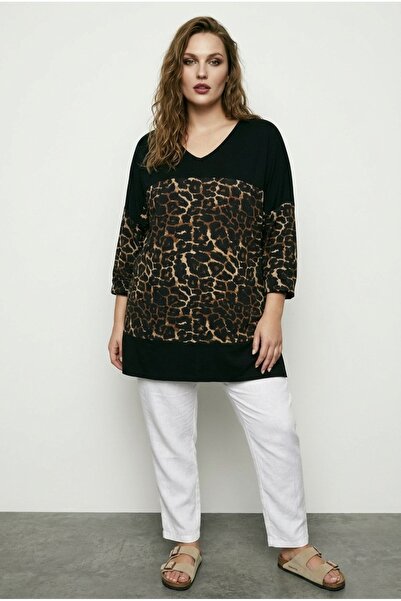 Stil Diva Plus Size V-Neck Long Sleeve Leopard Pattern Lycra Viscose T-Shirt ...