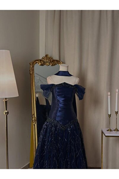 vanus fashion 6263- فستان كحلي فاخر بتصميم أوف شولدر