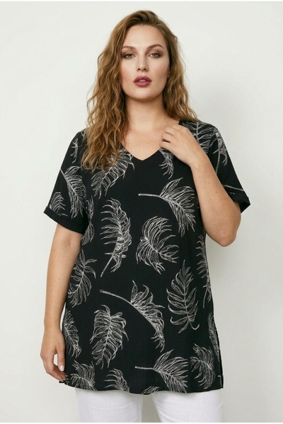 Stil Diva Tricou lung cu mânecă scurtă, cu decolteu rotund, imprimat, cu fant...