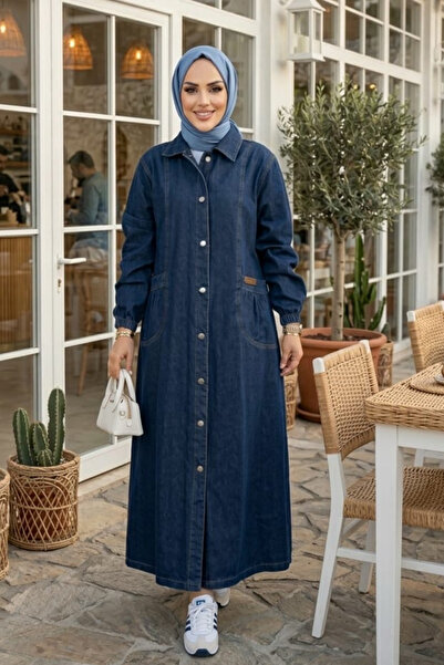 Hb Harma Time Butik قبعة جينز نسائية ذات أزرار وجيوب بلون أزرق داكن