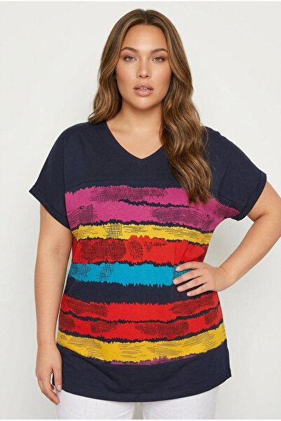 Stil Diva Tricou cu mânecă scurtă, cu decolteu în V, cu dungi, din lycra și v...