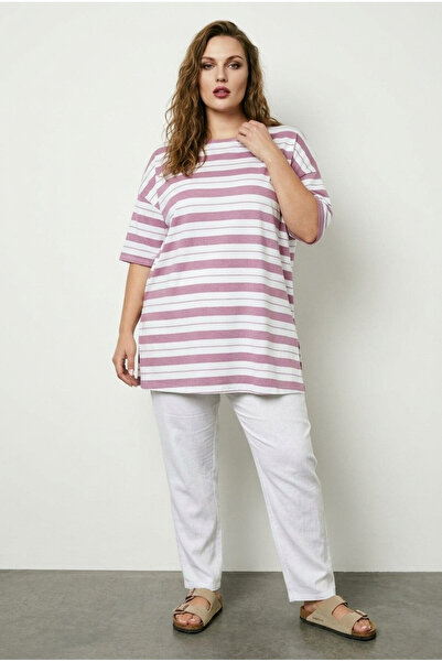 Stil Diva Tricou cu mânecă scurtă, cu dungi laterale, din bumbac Lycra, mărim...