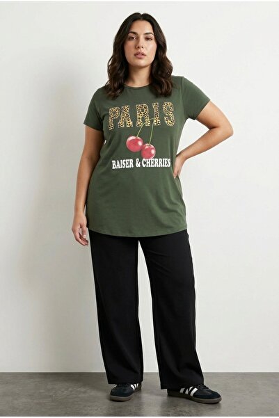 Stil Diva Mărime mare guler rotund cu mânecă scurtă lucioasă cu imprimeu tric...