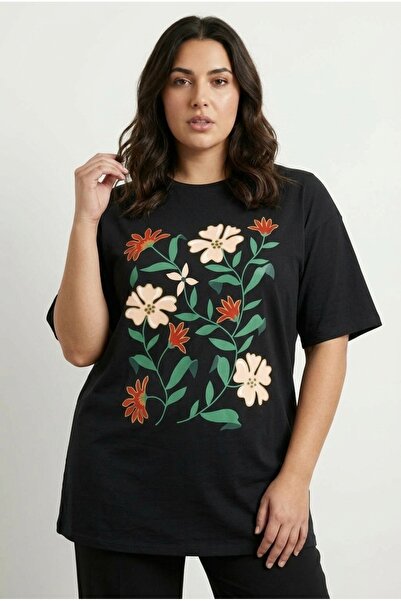 Stil Diva Mărime mare guler rotund cu mânecă scurtă cu imprimeu floral tricou...