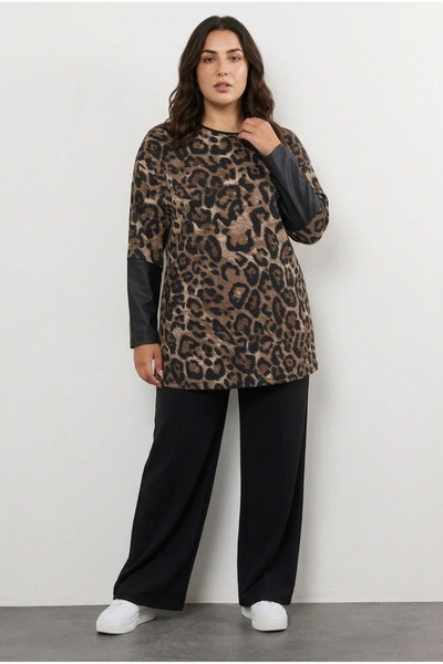 Stil Diva Mărime mare guler rotund Mânecă lungă piele Detaliat material elast...