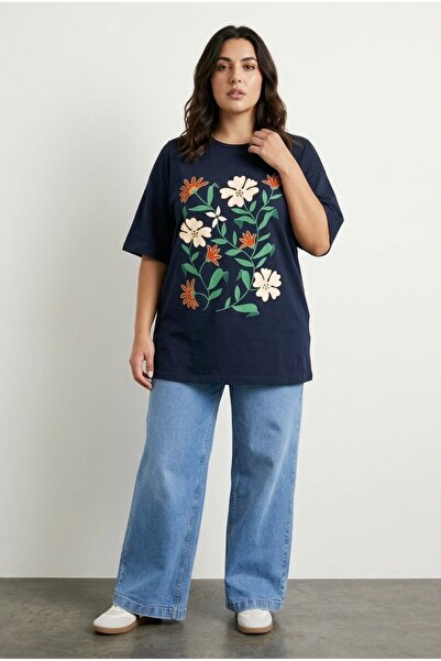 Stil Diva Mărime mare guler rotund cu mânecă scurtă cu imprimeu floral tricou...