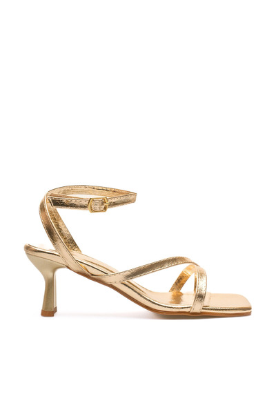 Long Star Sandale cu toc subțire de culoare aurie pentru femei, pantofi de se...