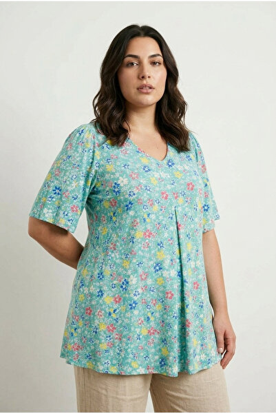 Stil Diva Plus Size V-Neck Short-Sleeved Floral Print Long T-Shirt T168