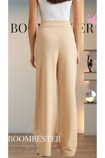 BoomBester Women's Crepe Fabric Palazzo Trousers with Velcro Beige - Women's Vintage Wide-Cut Fabric Trousers