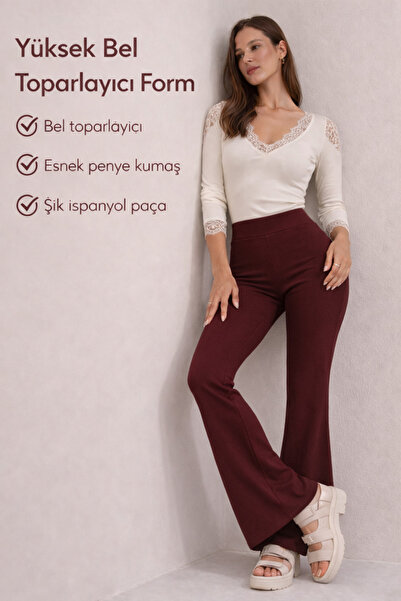 PANTOFİT Kadın Yüksek Bel İspanyol Paça Pantolon – Toparlayıcı Esnek Penye Pa...