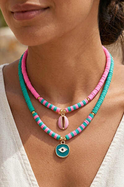 PETEK AKSESUAR حزمة من 2 قلادة بلح البحر على شكل قلب من الفوشيا الوردي البترو...