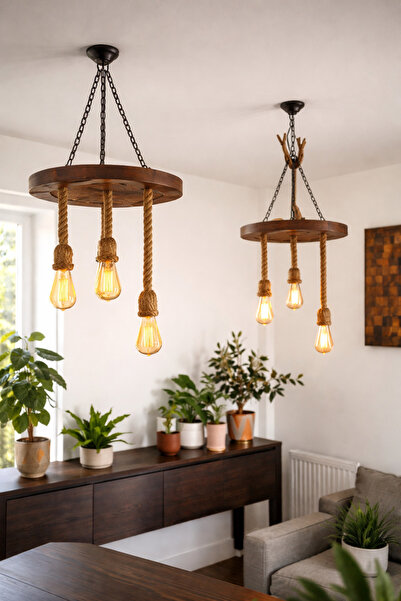 Yaratıcı sanatlar atölyesi 2'li El yapımı Özel Tasarım Rustik Ahşap Avize Set...