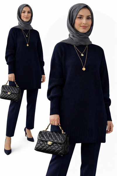 MODASPARK Lacivert Bisiklet Yaka Oversize Triko Kazak Tunik