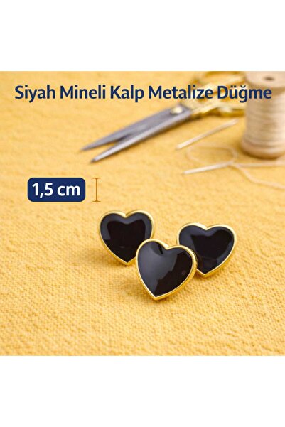 Button Yellow Metallized Middle Black Enameled Heart Shaped Bottom Footed 1.5 Cm 1 Pack 10 Pieces
