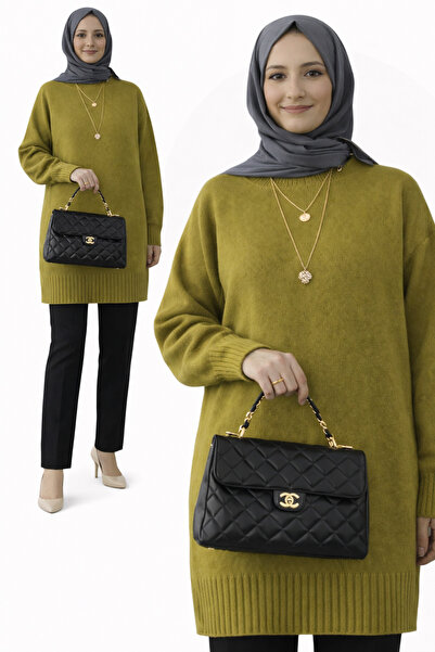 MODASPARK Yağ Yeşili Bisiklet Yaka Oversize Kadın Triko Kazak Tunik