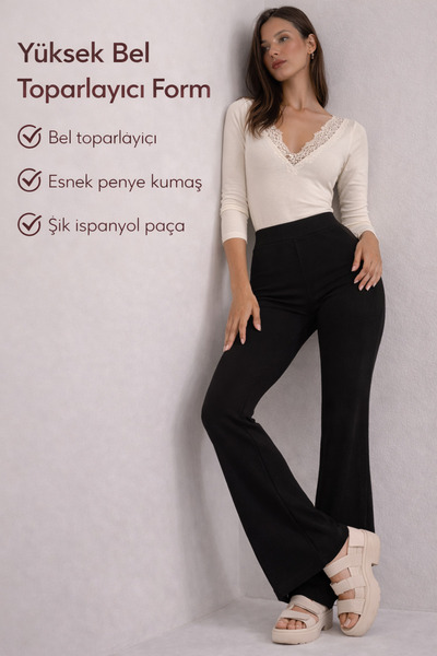 PANTOFİT Kadın Yüksek Bel İspanyol Paça Pantolon – Toparlayıcı Esnek Penye Pa...