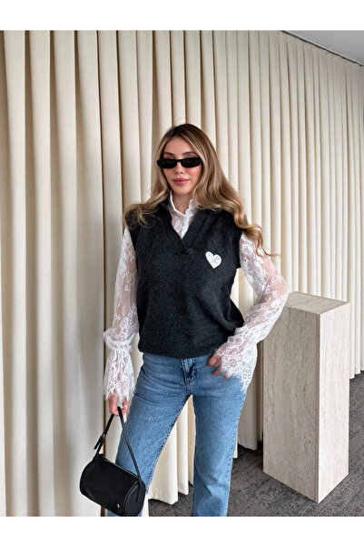 Laluvia Anthracite Heart Embroidered Sweater with Lace Sleeves and Collar - 1247