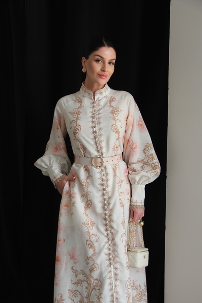 Julidress Λινό φόρεμα με ψηλό γιακά, πολύχρωμο, με κουμπιά και ζώνη, Premium ...