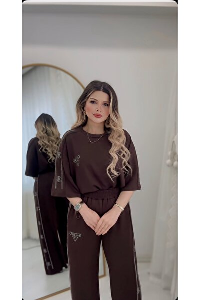 DENİZ Taş Detaylı G Alt Üst Acı Kahve Eşofman Takım