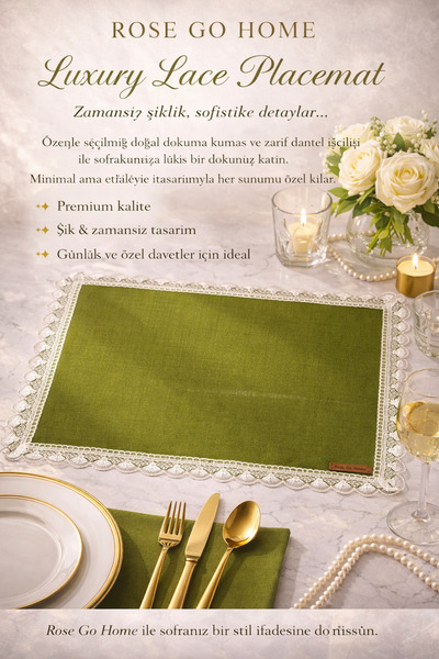 Rose go home مفرش طاولة باللون الأخضر الزيتوني 6 قطع