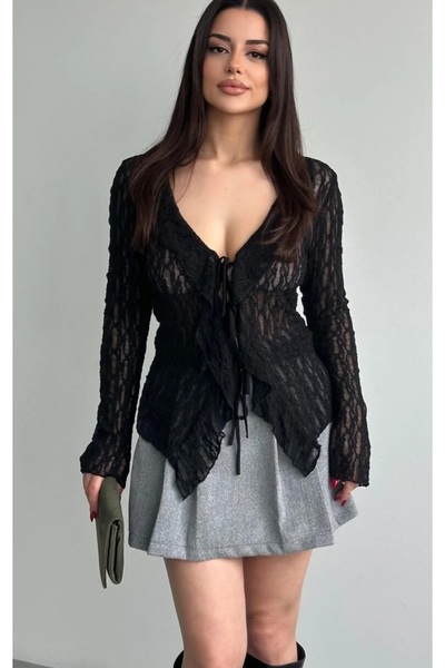 Qvien Secret Transparan Likralı Tül Body Bluz Beyaz Kendinden Desenli Spor Uz...