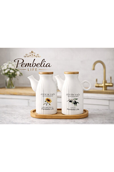 Kitchen Pembelia Bambu Standlı Etiketli Çizgili 2’li Porselen 1000 ml Yağdanl...