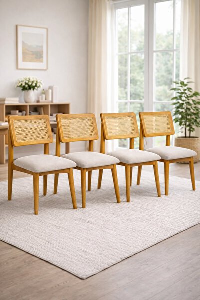 Lif Mobilya Hasır Sandalye Meşe Renk – İskandinav Tasarım (4’lü Set)