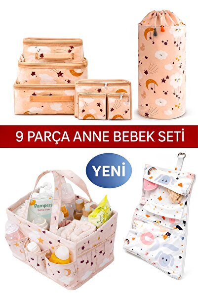 MorPort Lüx 9 Parça Anne Bebek Seti - Çamaşır Sepeti, Bebek Çantası, Alt Açma...