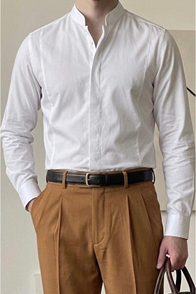 Plus Ninety Plusninety Erkek Hakim Yaka Pamuk Saten Slim Fit Gömlek