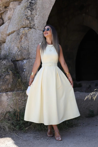 bytugcekaya Κίτρινο φόρεμα με γιακά με ζώνη