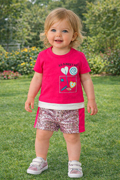 Mika Bebek & Çocuk طقم تي شيرت شورت صيفي مزين بالترتر للفتيات الصغيرات على شك...