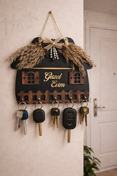 HeiN Güzel Evim Yazılı Ahşap Anahtar Askılığı Duvar Askılı Anahtarlık (ANNELE...