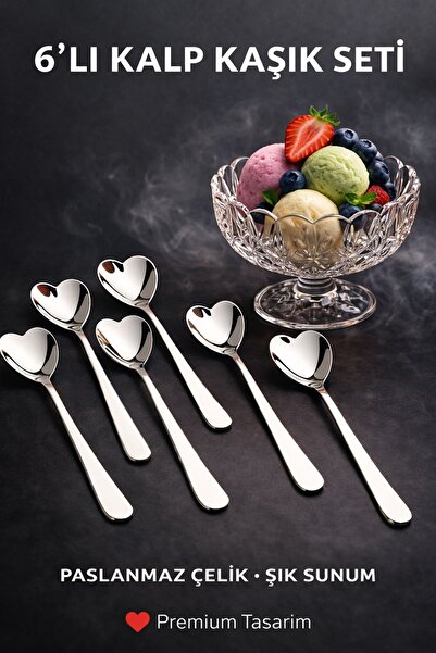 Kitchen Beauty Paslanmaz Çelik Kalp Şekilli Dondurma Pasta Tatlı Kahve Kaşığı...