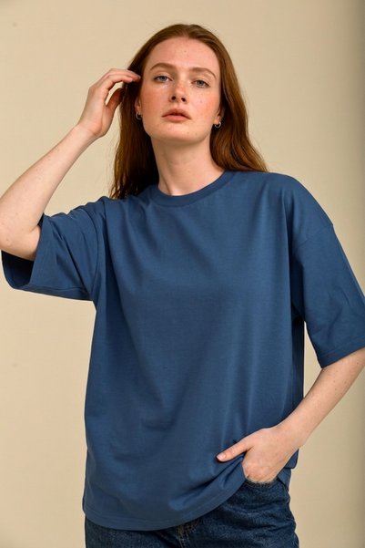 GUARAZ Women's Indigo Blue Oversize Crew Neck 100% Organic Cotton Plain Basic Summer T-Shirt